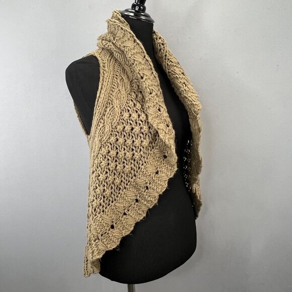 Chaudry KC Chunky Cable Knit Sweater Vest S Dark Khaki Tan Shawl Collar Open - Picture 6 of 7